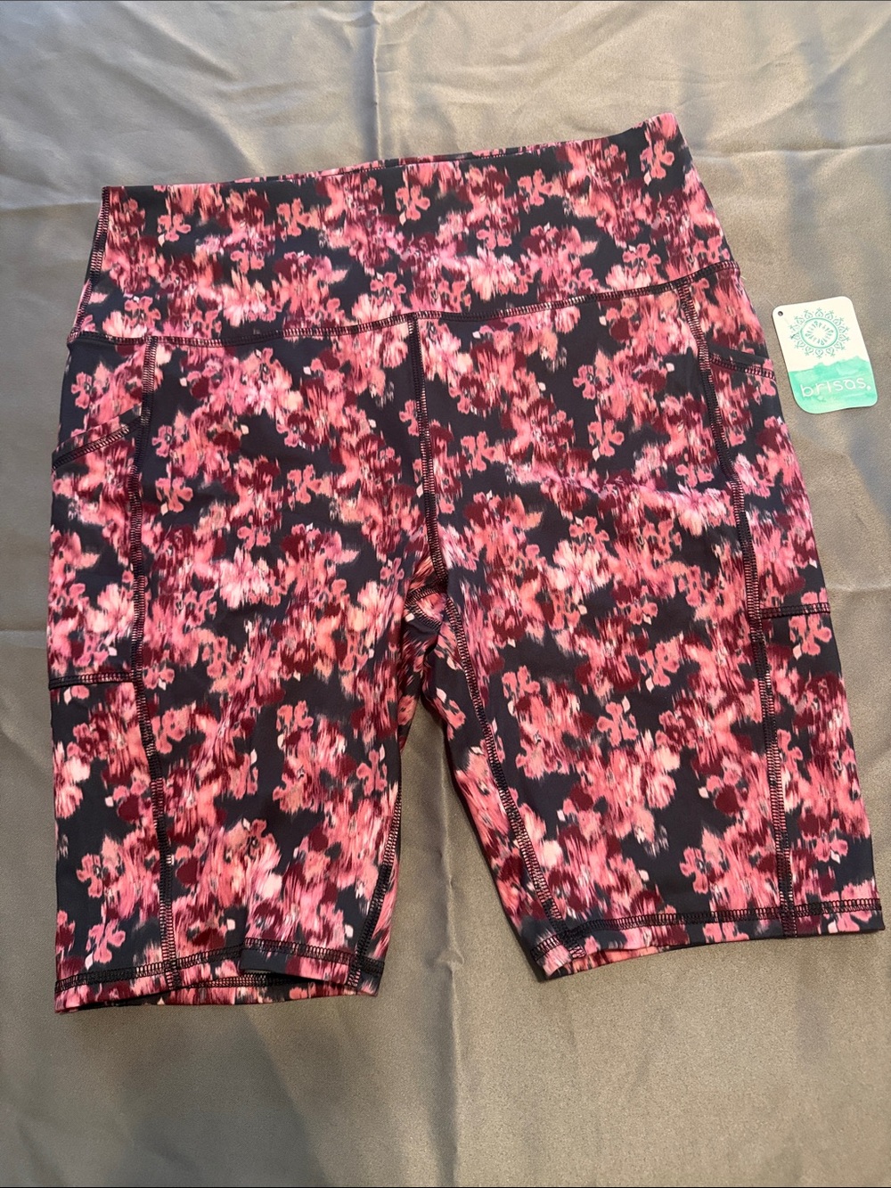 Brisas Large High-Rise Floral biker Shorts in burgundy 10" Inseam 2 side pockets